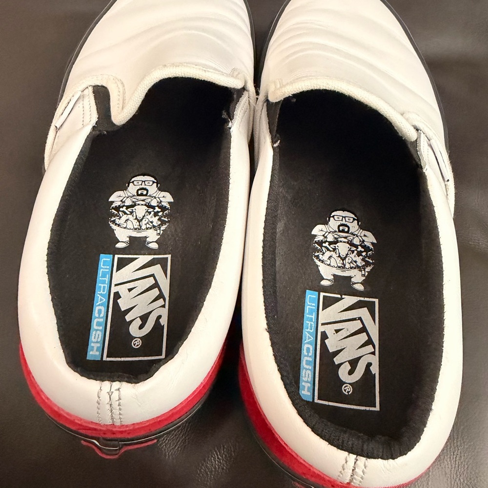 Vans White Leather Slip-On Sneakers with Black Sole and Red Heel - Picture 3 of 9